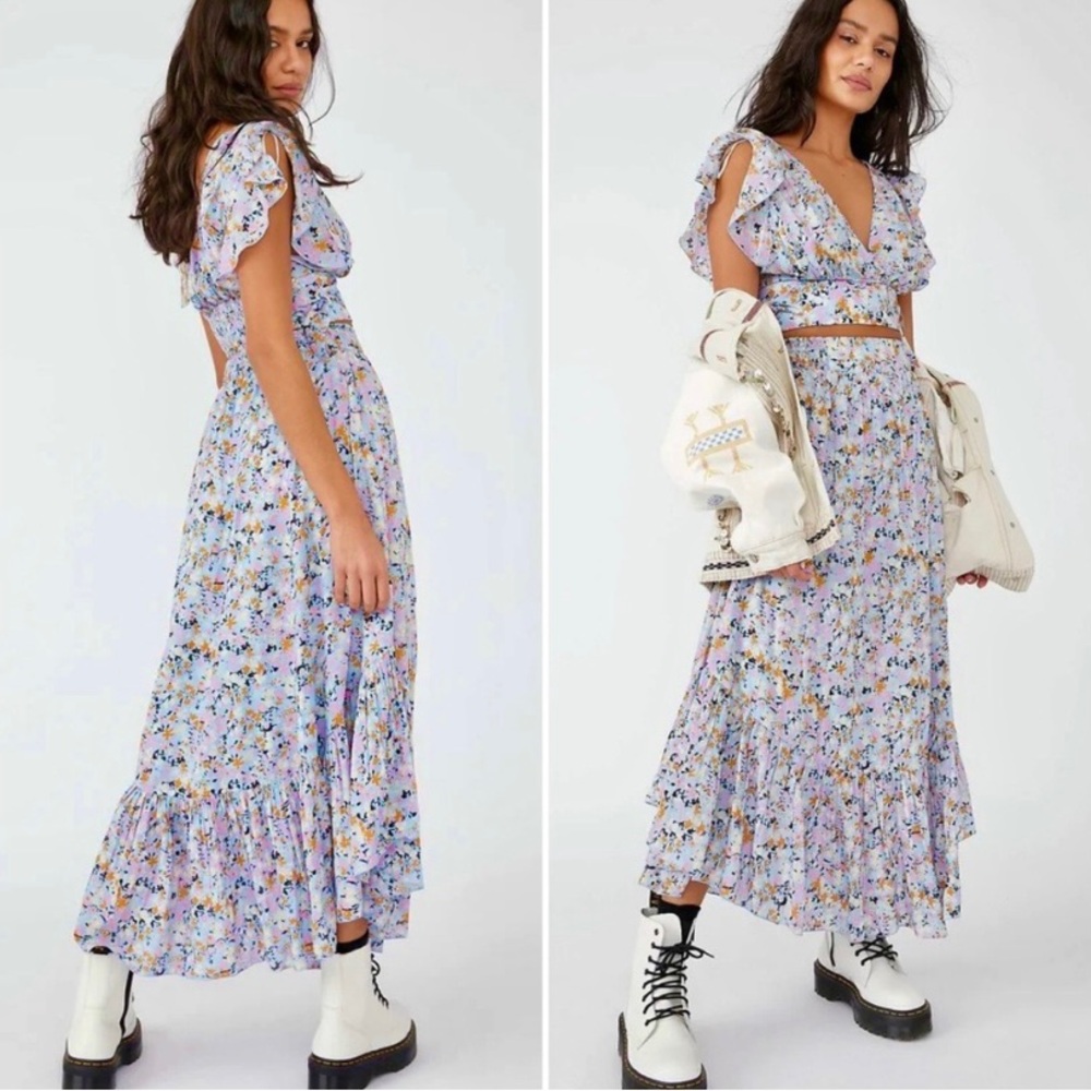 Free People Pretty Daze Blue Floral Crop Top Maxi Tiered Skirt Set Sz XS